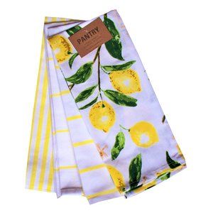 4 Pc. Kitchen Dish Tea Towel Set Yellow White Lemons Sack Cloth Checks Stripes